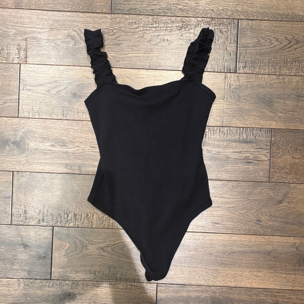 Sunday Best Black Ruffled-Strap Ribbed One-Piece Bodysuit